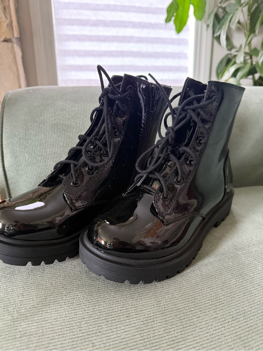 Soda Black Patent Lace-Up Combat Boots for Girls